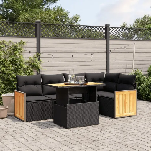 Conjunto Sofás de Jardim c/ Almofadões Vime PE Preto (6 pcs)