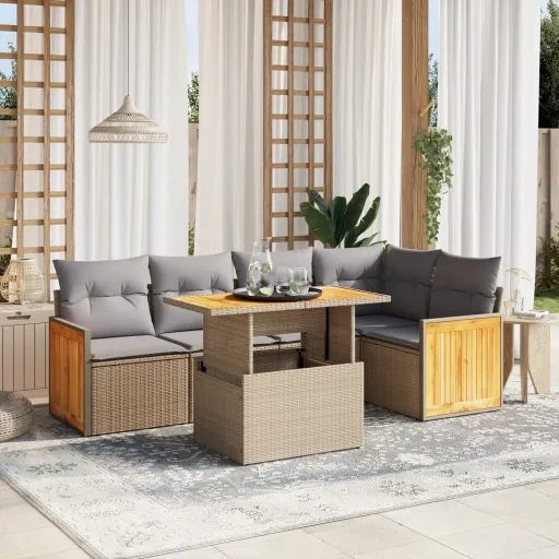 Conjunto de Sofás p/ Jardim com Almofadões Vime PE Bege (6 pcs)