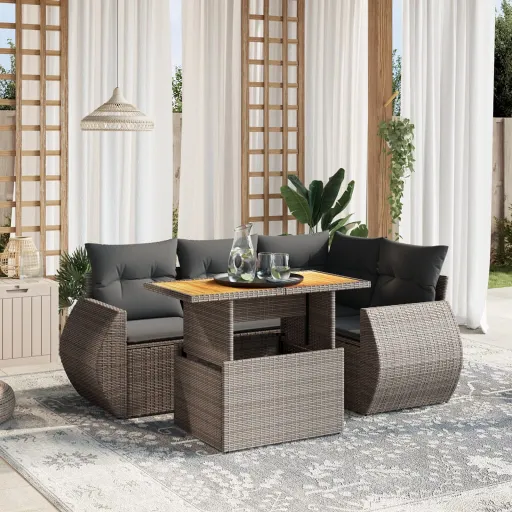 Conjunto Sofás de Jardim c/ Almofadões Vime PE Cinzento (5 pcs)