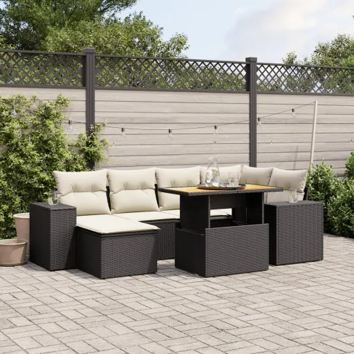 Conjunto de Sofás p/ Jardim c/ Almofadões Vime PE Preto (7 pcs)