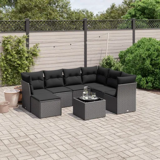 Conjunto Sofás de Jardim com Almofadões Vime PE Preto (8 pcs)