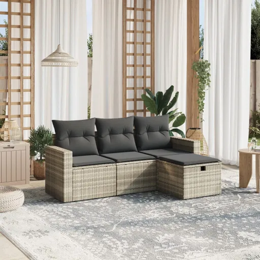 Conj. Sofás Jardim c/ Almofadões Vime PE Cinzento-Claro (4 pcs)