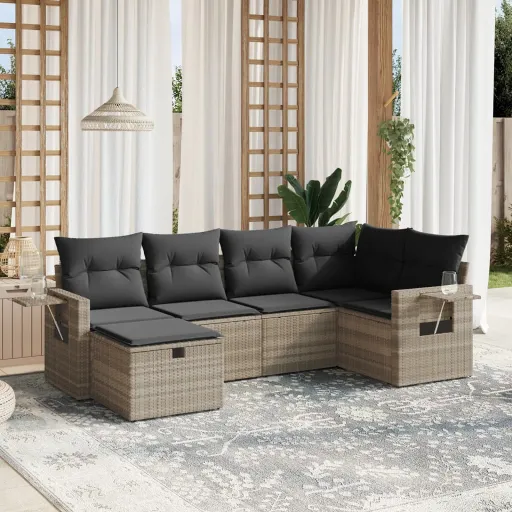 Conj. Sofás Jardim com Almofadões Vime PE Cinzento-Claro (6 pcs)