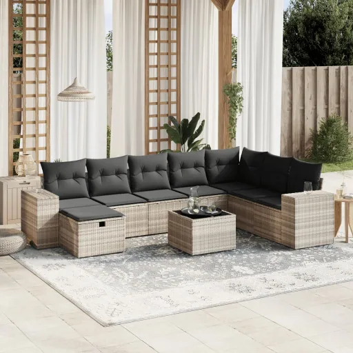Conj. Sofás Jardim com Almofadões Vime PE Cinzento-Claro (9 pcs)