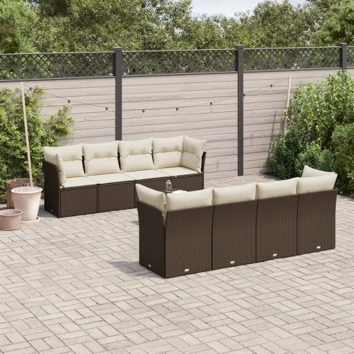 Conjunto Sofás p/ Jardim c/ Almofadões Vime PE Castanho (9 pcs)