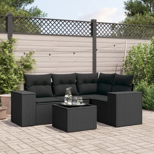 Conjunto Sofás de Jardim com Almofadões Vime PE Preto (5 pcs)