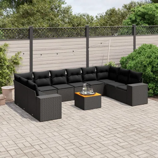 Conjunto Sofás de Jardim c/ Almofadões Vime PE Preto (11 pcs)