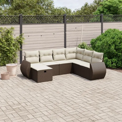 Conjunto de Sofás Jardim c/ Almofadões Vime PE Castanho (7 pcs)