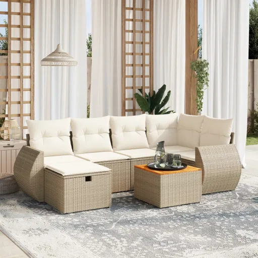 Conjunto de Sofás p/ Jardim com Almofadões Vime PE Bege (7 pcs)