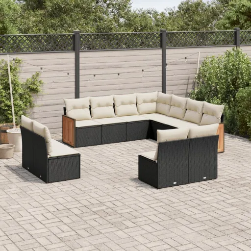 Conjunto Sofás de Jardim c/ Almofadões Vime PE Preto (11 pcs)