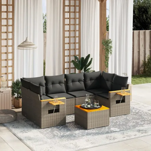 Conjunto Sofás p/ Jardim c/ Almofadões Vime PE Cinzento (7 pcs)