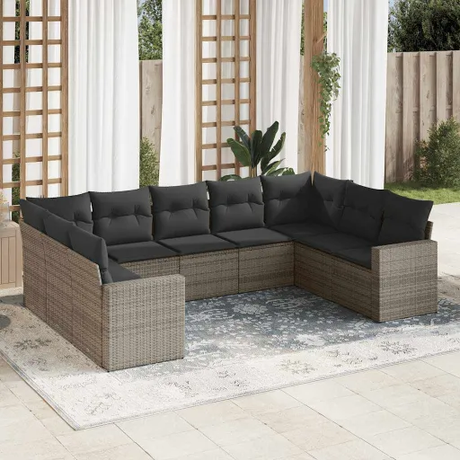 Conjunto Sofás p/ Jardim com Almofadões Vime PE Cinzento (9 pcs)