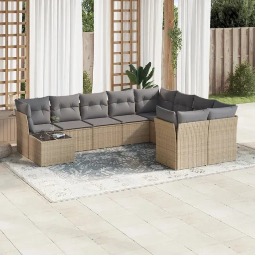 Conjunto de Sofás p/ Jardim com Almofadões Vime PE Bege (10 pcs)