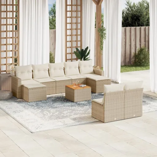 Conjunto de Sofás p/ Jardim com Almofadões Vime PE Bege (10 pcs)