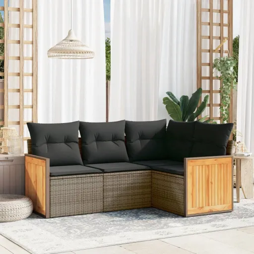 Conjunto Sofás de Jardim c/ Almofadões Vime PE Cinzento (4 pcs)
