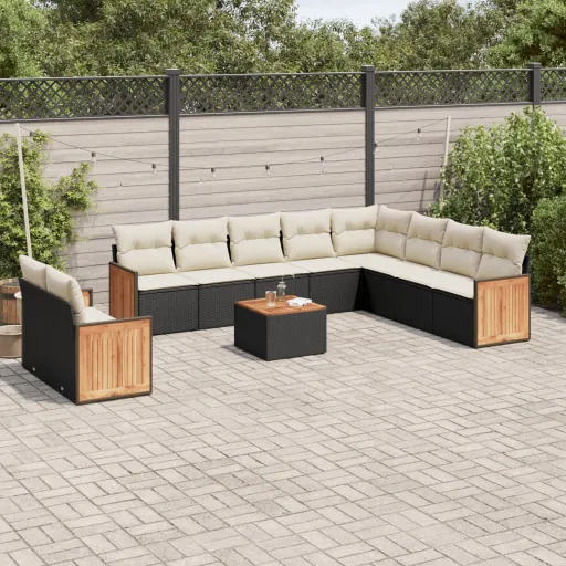 Conjunto Sofás de Jardim c/ Almofadões Vime PE Preto (11 pcs)
