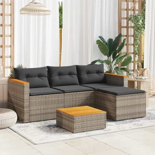 Conjunto Sofás de Jardim c/ Almofadões Vime PE Cinzento (3 pcs)