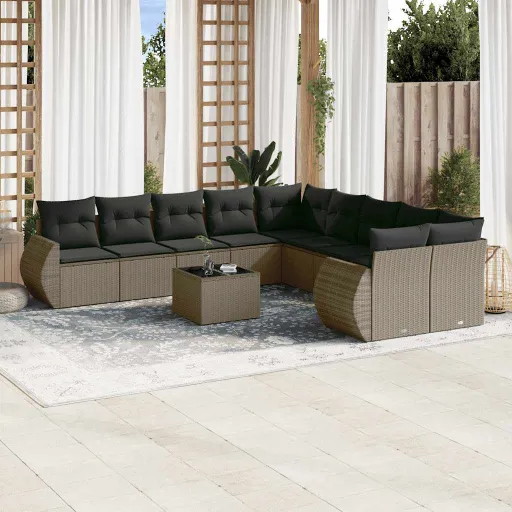 Conjunto Sofás de Jardim c/ Almofadões Vime PE Cinzento (11 pcs)