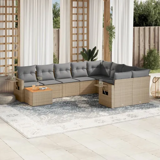 Conjunto de Sofás p/ Jardim com Almofadões Vime PE Bege (10 pcs)