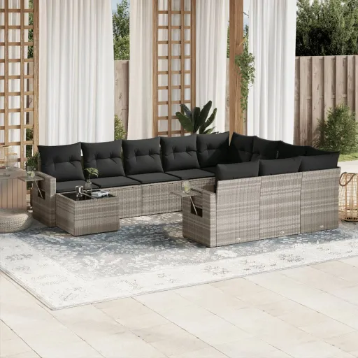 Conjunto Sofás de Jardim c/ Almofadões Vime PE Cinzento (11 pcs)