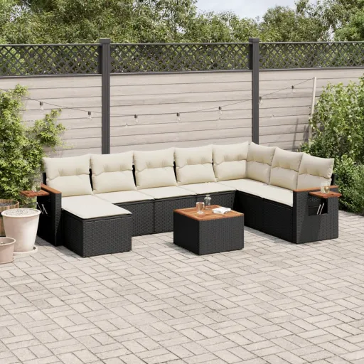 Conjunto de Sofás p/ Jardim c/ Almofadões Vime PE Preto (9 pcs)