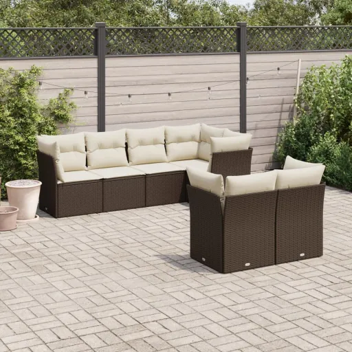 Conjunto de Sofás Jardim c/ Almofadões Vime PE Castanho (7 pcs)