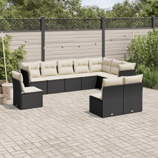 Conjunto Sofás de Jardim c/ Almofadões Vime PE Preto (10 pcs)