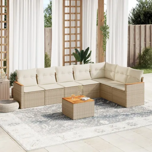 Conjunto de Sofás p/ Jardim com Almofadões Vime PE Bege (8 pcs)