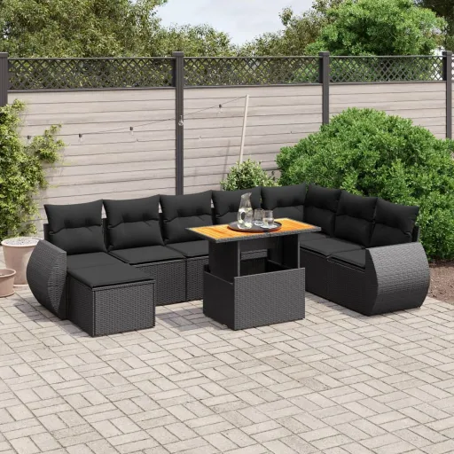 Conjunto de Sofás p/ Jardim c/ Almofadões Vime PE Preto (9 pcs)