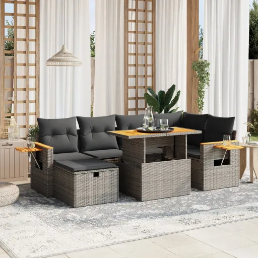 Conjunto Sofás p/ Jardim c/ Almofadões Vime PE Cinzento (7 pcs)