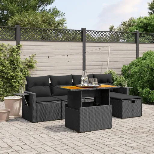 Conjunto Sofás de Jardim c/ Almofadões Vime PE Preto (6 pcs)