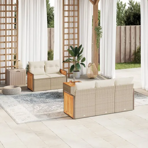 Conjunto de Sofás p/ Jardim com Almofadões Vime PE Bege (6 pcs)