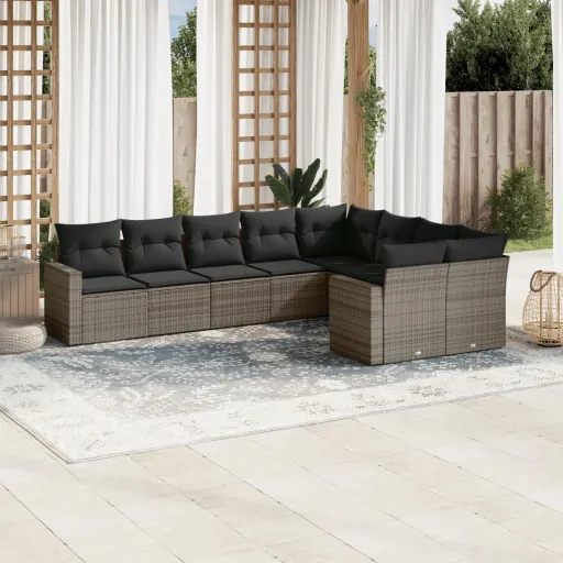 Conjunto Sofás p/ Jardim com Almofadões Vime PE Cinzento (9 pcs)
