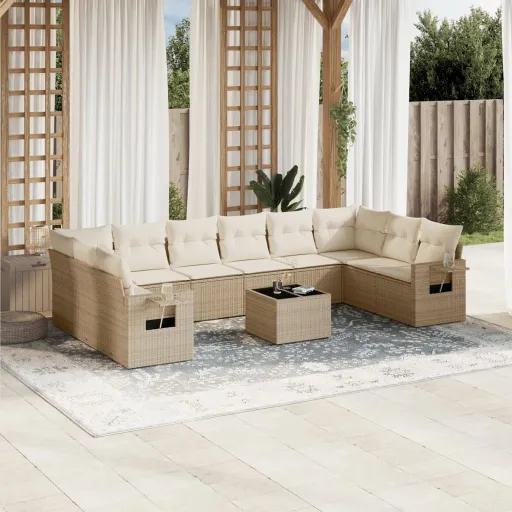 Conjunto Sofás de Jardim c/ Almofadões Vime PE Bege (11 pcs)