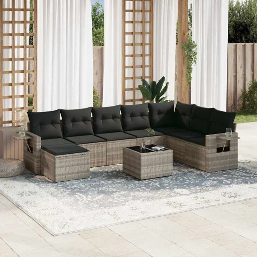 Conj. Sofás Jardim com Almofadões Vime PE Cinzento-Claro (9 pcs)