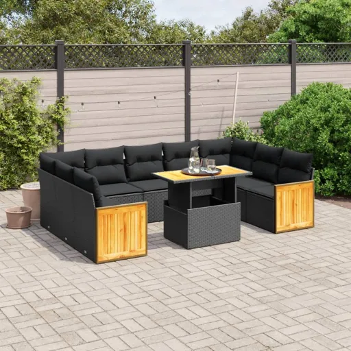 Conjunto Sofás de Jardim c/ Almofadões Vime PE Preto (10 pcs)