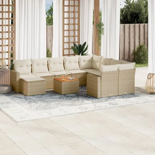 Conjunto Sofás de Jardim c/ Almofadões Vime PE Bege (11 pcs)