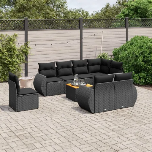 Conjunto de Sofás p/ Jardim c/ Almofadões Vime PE Preto (9 pcs)