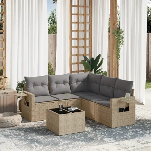 Conjunto de Sofás p/ Jardim com Almofadões Vime PE Bege (6 pcs)