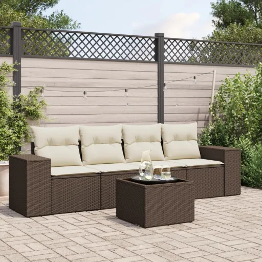 Conjunto Sofás p/ Jardim c/ Almofadões Vime PE Castanho (5 pcs)