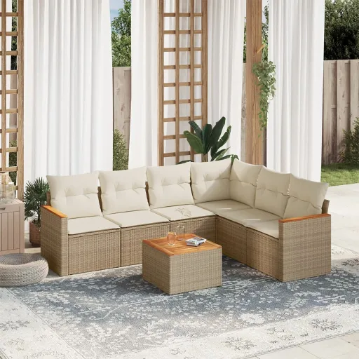 Conjunto de Sofás p/ Jardim com Almofadões Vime PE Bege (7 pcs)
