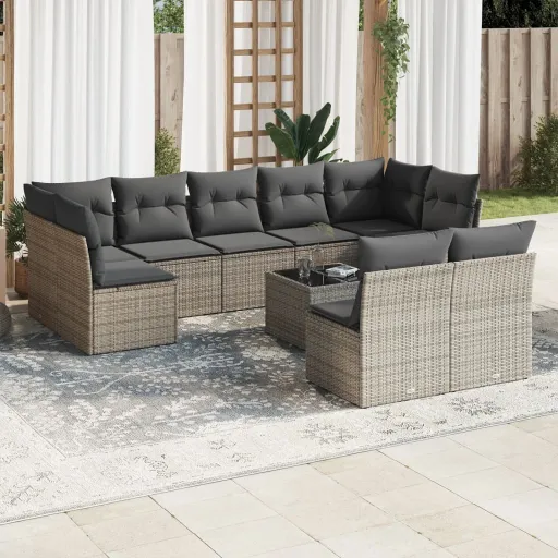 Conjunto Sofás de Jardim c/ Almofadões Vime PE Cinzento (10 pcs)