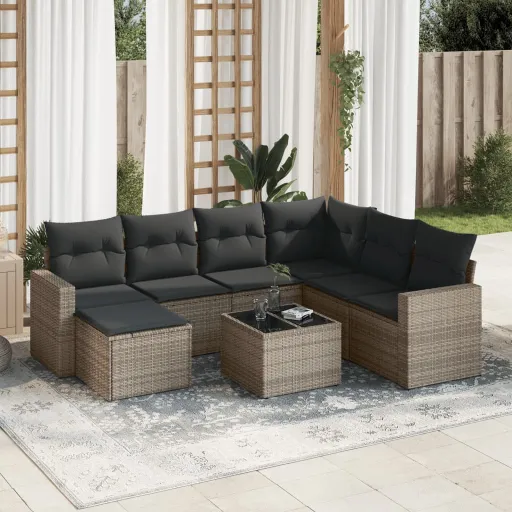 Conjunto Sofás de Jardim c/ Almofadões Vime PE Cinzento (8 pcs)