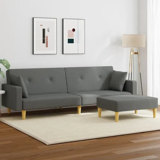 Sofá-Cama de 2 Lugares c/ Apoio de Pés Tecido Cinzento-Escuro