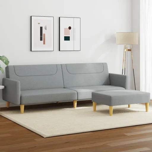 Sofá-Cama de 2 Lugares c/ Apoio de Pés Tecido Cinzento-Claro