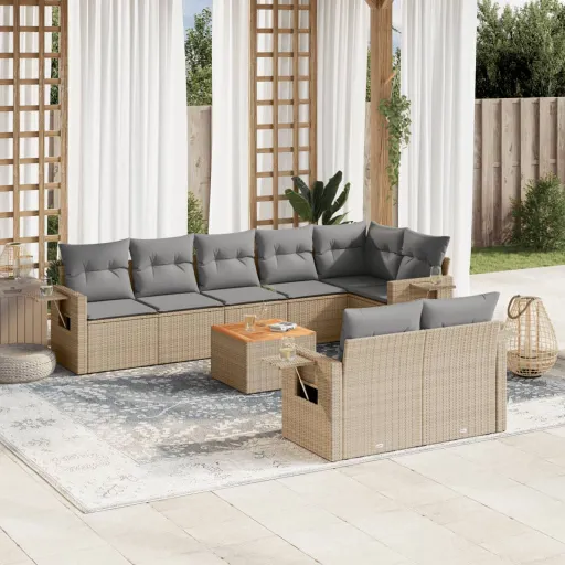 Conjunto de Sofás p/ Jardim com Almofadões Vime PE Bege (9 pcs)