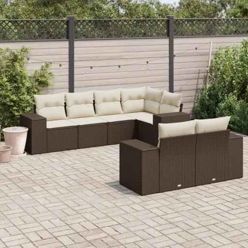 Conjunto de Sofás Jardim c/ Almofadões Vime PE Castanho (7 pcs)