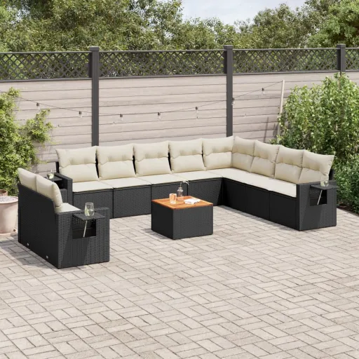 Conjunto Sofás de Jardim c/ Almofadões Vime PE Preto (11 pcs)