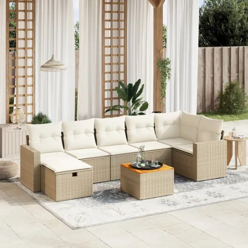 Conjunto de Sofás p/ Jardim com Almofadões Vime PE Bege (8 pcs)