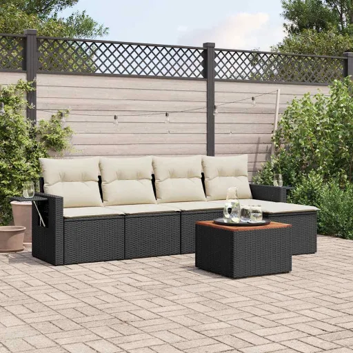 Conjunto Sofás de Jardim c/ Almofadões Vime PE Preto (6 pcs)